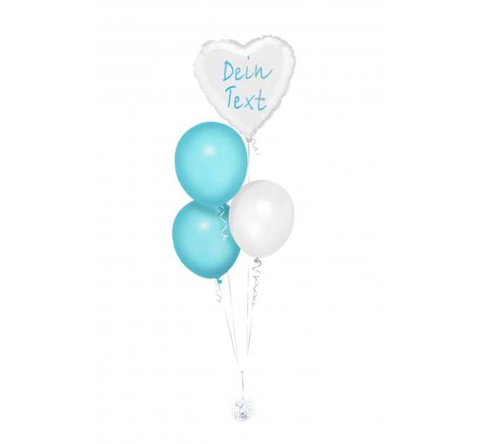 Ballonbouquets (4er-Set) – Weißer Herzballon mit Wunschtext & hellblaue Latexballons
