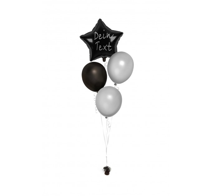 Ballonbouquets (4er-Set) – Schwarzer Sternballon mit Wunschtext & silberne Latexballons