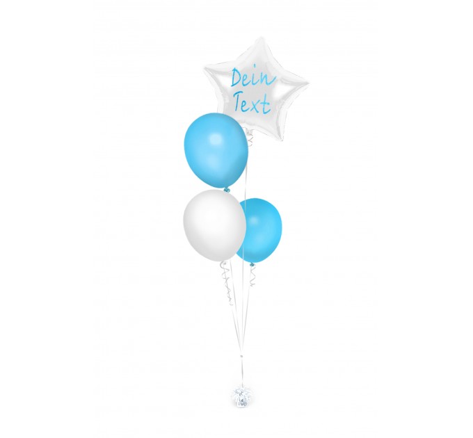 Ballonbouquet (4er-Set) – Silberner Stern mit Wunschtext & hellblaue Ballons