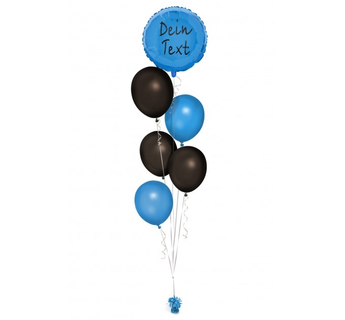 Ballonbouquet (6er-Set) – Blauer Folienballon mit Wunschtext & schwarze Akzente