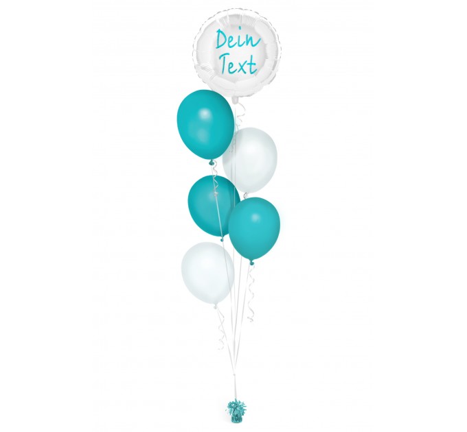 Ballonbouquet in Türkis & Weiß mit personalisiertem Folienballon