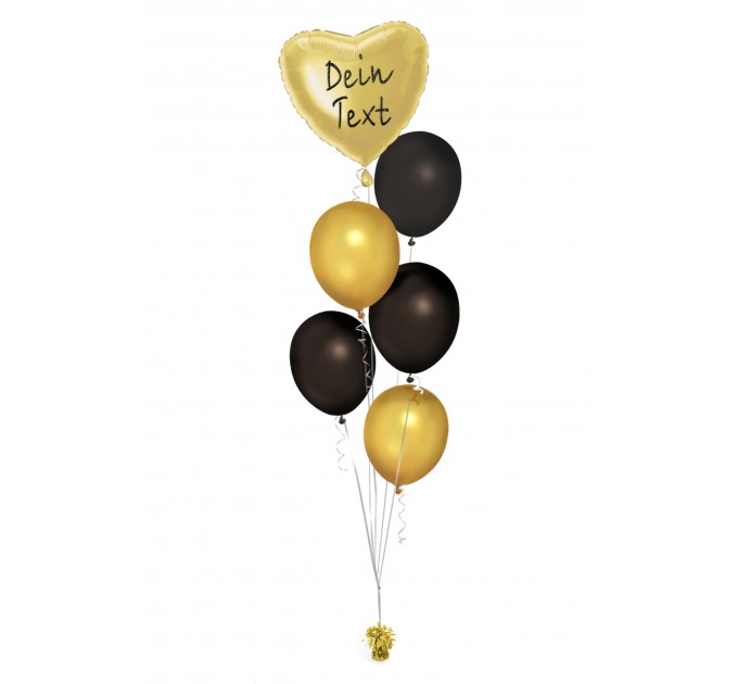Ballonbouquet in Gold & Schwarz mit personalisiertem Herzballon