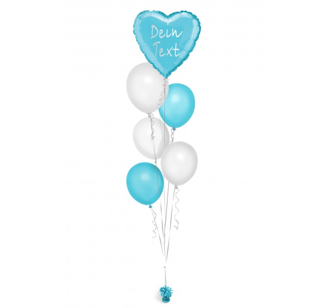 Ballonbouquet in Hellblau & Weiß mit personalisiertem Herzballon