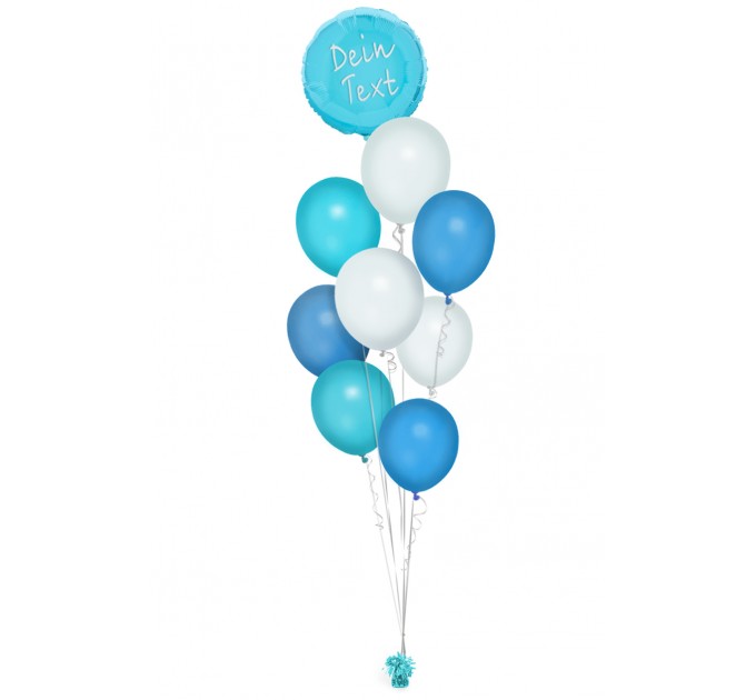 Ballonbouquet Hellblau, Blau & Weiß mit personalisiertem Text