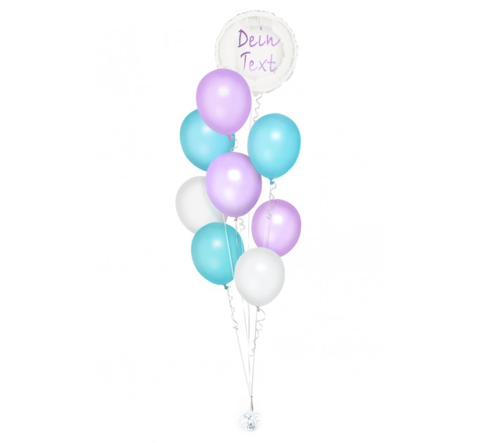 Ballonbouquet in Weiß, Hellblau & Lila mit personalisierbarem Text