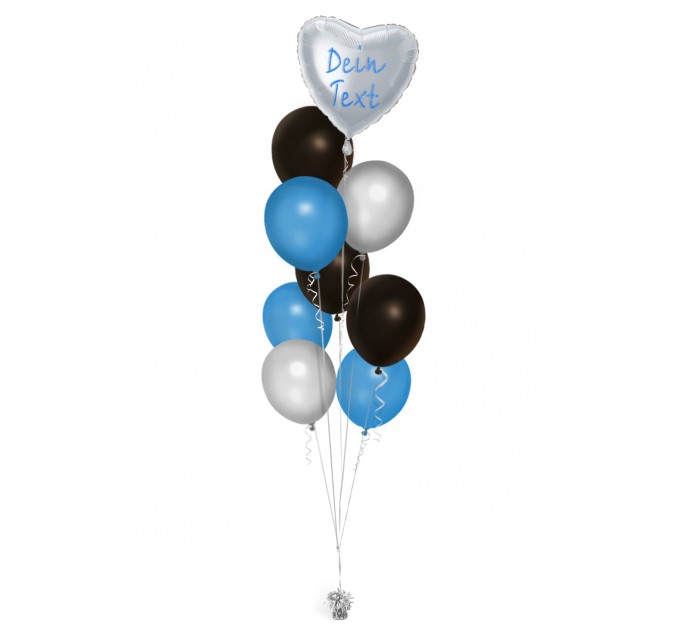 Ballonbouquet mit Herzballon in Silber, Blau & Schwarz – personalisiert