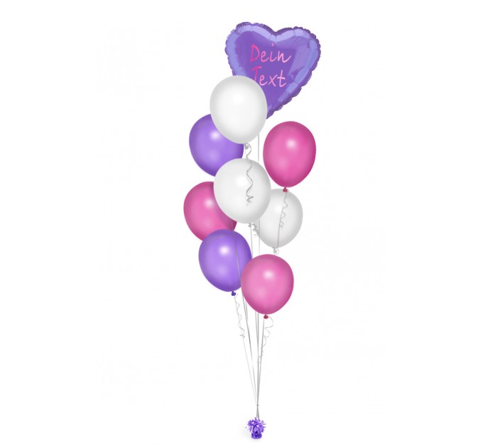 Ballonbouquet mit Herzballon in Violett, Pink & Weiß – personalisiert
