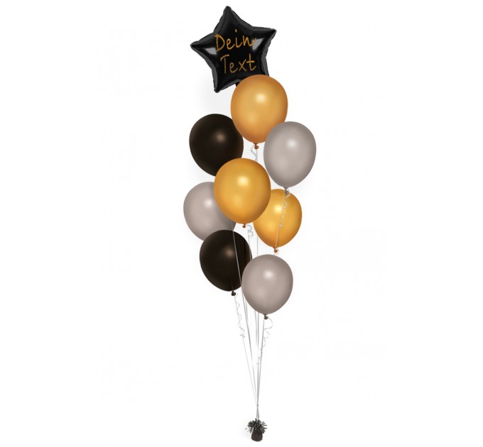Ballonbouquet mit Sternballon in Schwarz, Gold & Silber – personalisierbar