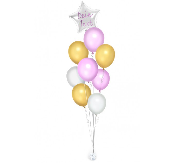Ballonbouquet in Weiß, Gold und Rosa mit Wunschtext – personalisierbar