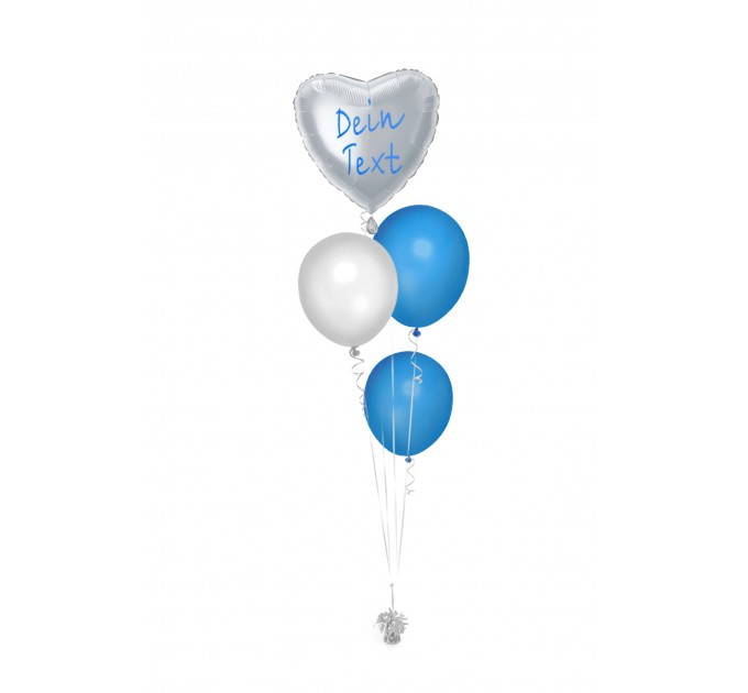 Ballonbouquets (4er-Set) – Silberner Herzballon mit Wunschtext & blaue Latexballons