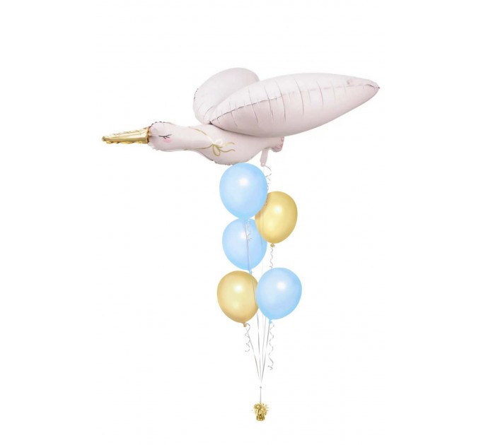 Ballon zur Geburt – Storch mit Baby (ca. 103x60 cm) + Latexballons in Blau & Gold