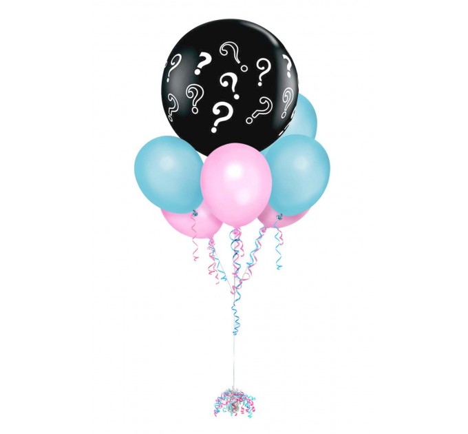Gender Reveal Ballonbouquet mit Fragezeichen-Ballon (1 m) + 6 Latexballons