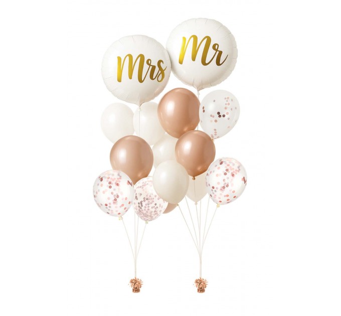 Ballonbouquet „Mr & Mrs“  (ca. 43 cm) – Hochzeitsballons in Roségold & Weiß