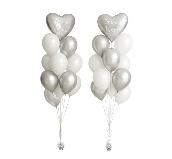 2 Ballonbouquets mit Wunschtext – Silber & Weiß (ca. 43 cm)
