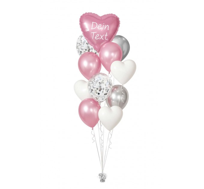 Ballonbouquet mit Wunschtext – Pink, Weiß & Silber (ca. 43 cm)