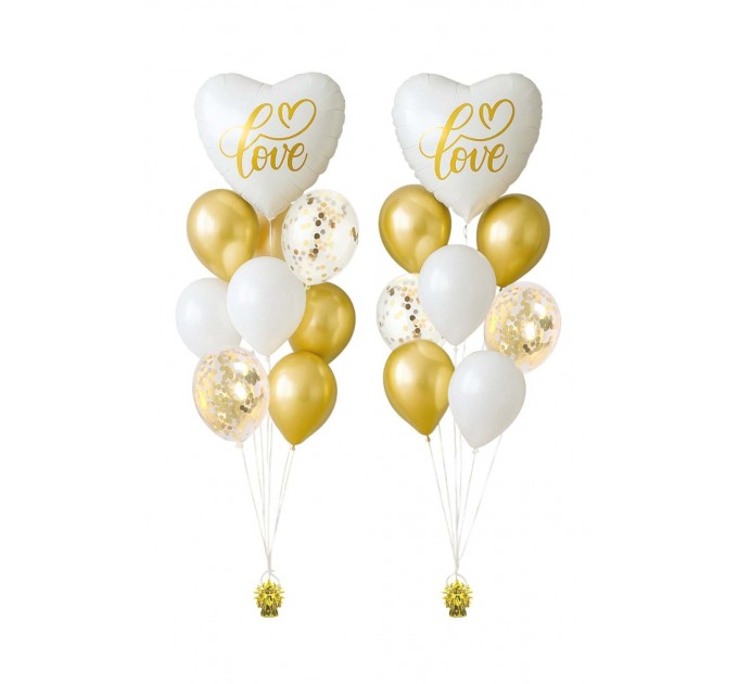 2 Ballonbouquets mit Herzballons „Love“ – Weiß & Gold (ca. 45 cm)
