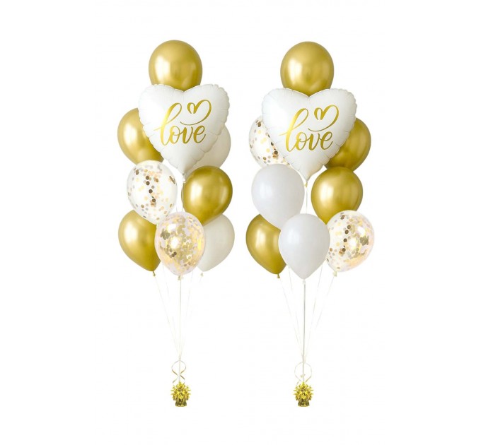 2 Ballonbouquets mit Herzballons „Love“ – Weiß & Gold (ca. 45 cm)