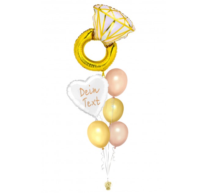 Ballonbouquet L – Ring & Herz in Weiß mit Wunschtext (ca. 60x95 cm)