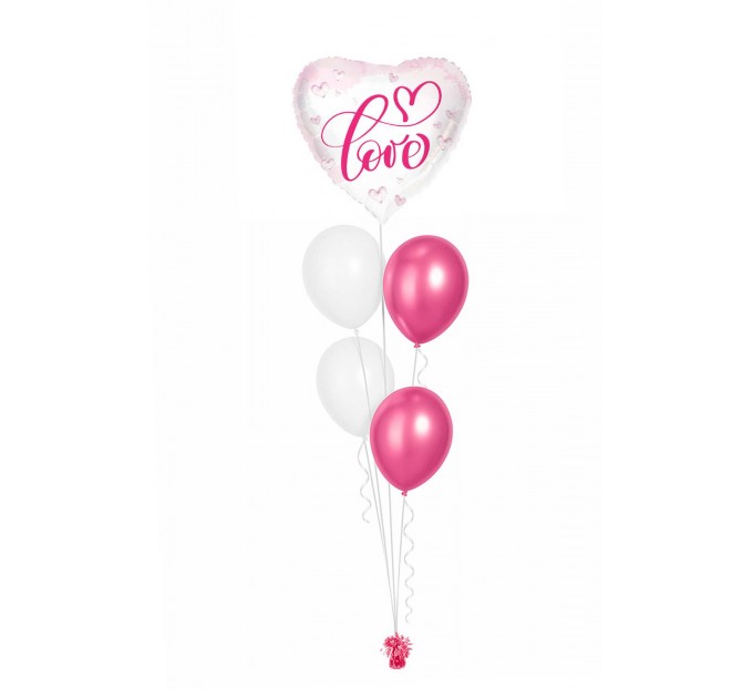 Ballonbouquets (5er-Set) – Herzballon „Love“ in Weiß/Pink