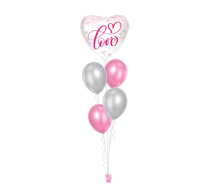 Ballonbouquets (5er-Set) – Herzballon „Love“ in Rosa/Silber