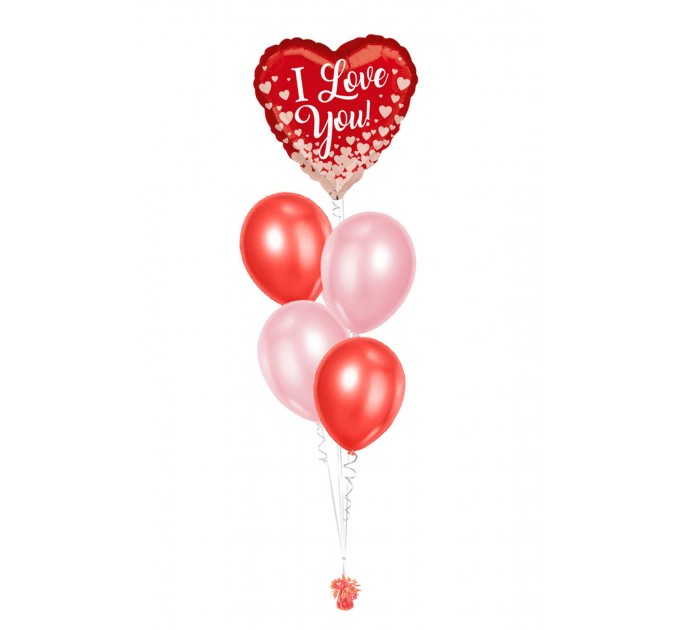 Ballonbouquets (5er-Set) – Herzballon „I Love You“ mit Latexballons in Rot & Rosa