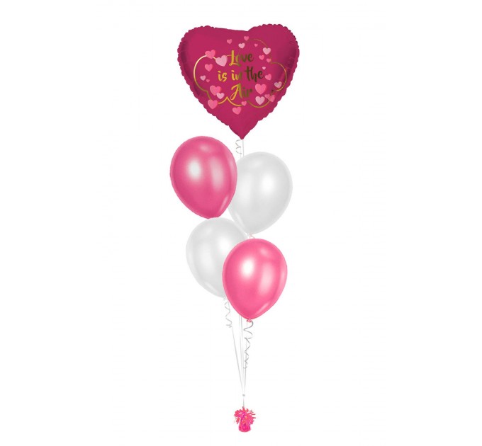 Ballonbouquets (5er-Set) – Herzballon „Love is in the Air“ mit Latexballons in Pink & Weiß
