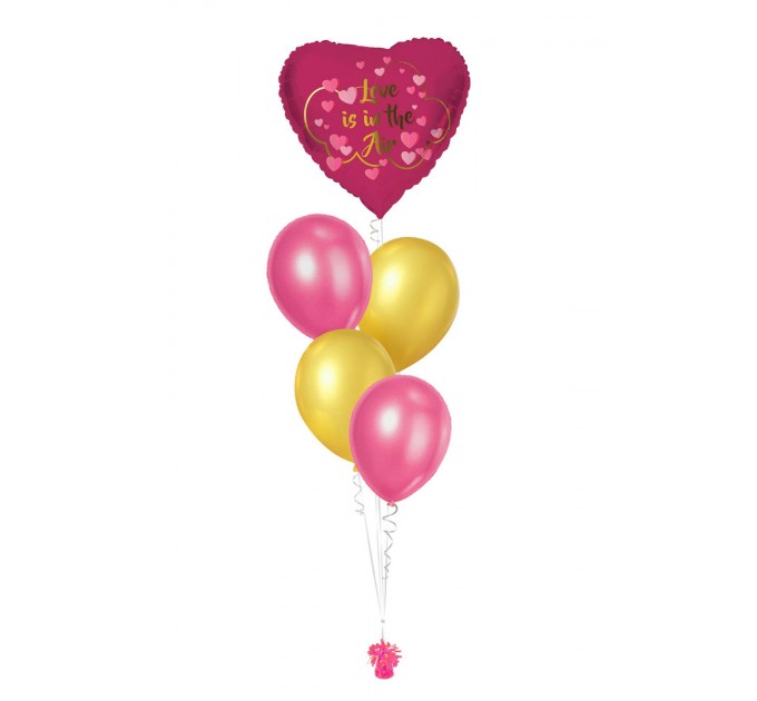 Ballonbouquets (5er-Set) – Herzballon „Love is in the Air“ mit Latexballons in Pink & Gold