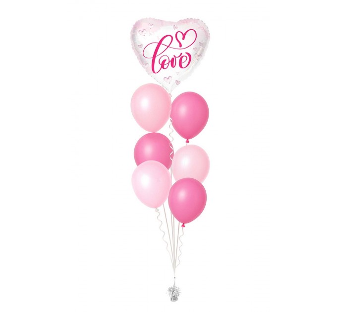 Ballonbouquets (7er-Set) – Herzballon „Love“ mit Latexballons in Rosa, Pink & Weiß