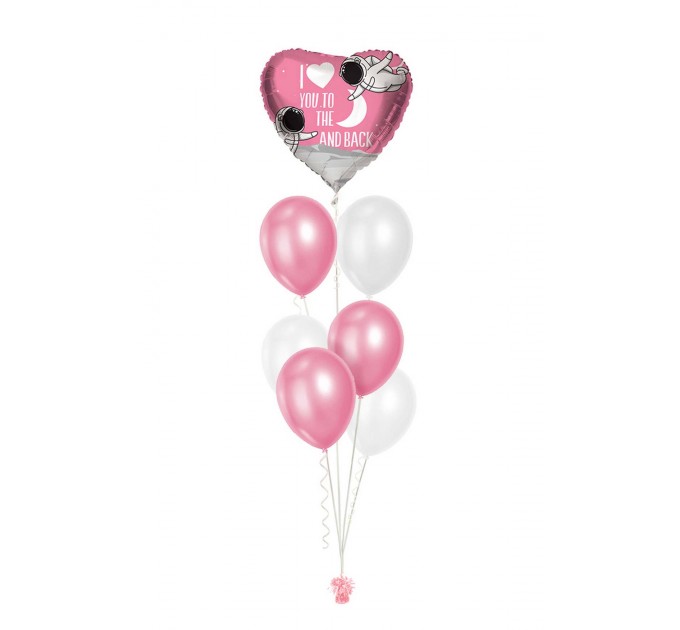 Ballonbouquets (7er-Set) – Herzballon „I love you to the moon and back“ mit Latexballons in Rosa & Weiß