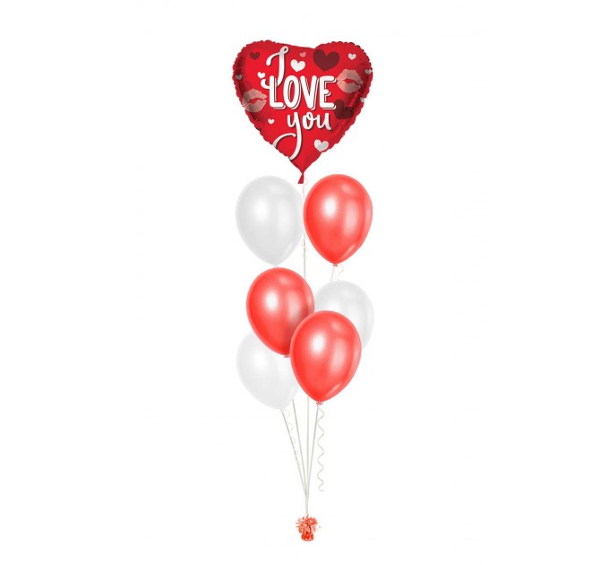 Ballonbouquets (7er-Set) – Herzballon „I Love You“ mit Latexballons in Rot & Weiß