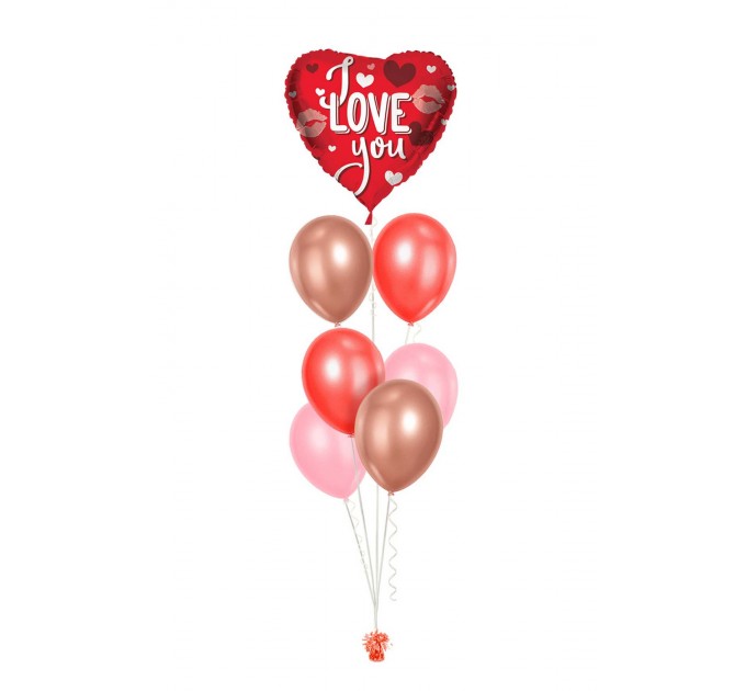 Ballonbouquets (7er-Set) – Herzballon „I Love You“ mit Latexballons in Rot, Rosa & Roségold