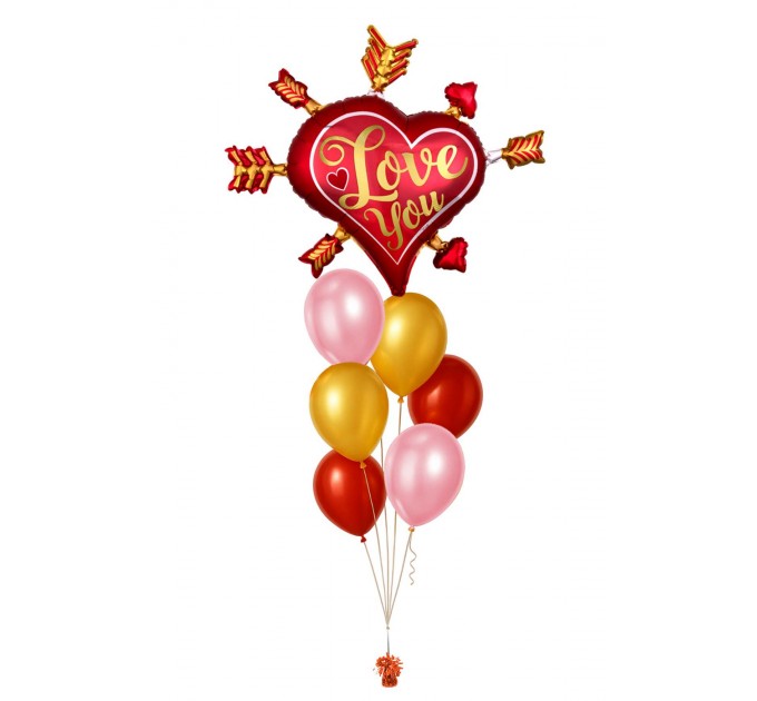 Ballonbouquet L – Love You Herz mit Pfeilen (86x71 cm)