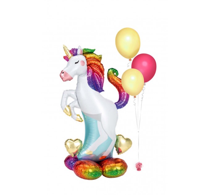 Einhorn Ballondeko – Stehender Folienballon mit Regenbogenmähne + Heliumballons