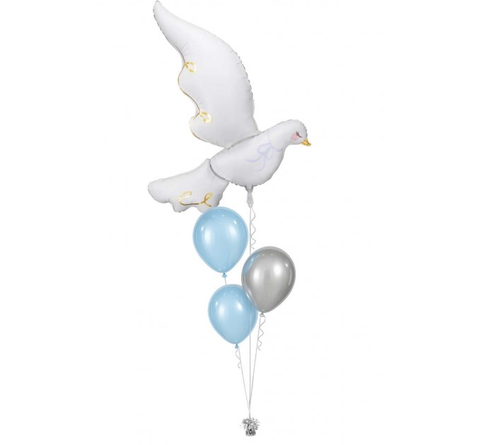 Ballonbouquet zur Taufe mit großer Friedenstaube (80x100 cm)– Hellblau & Silber